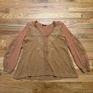 Miss Me Top Womens XS Boho Tunic Blouse Embroidered Crochet Lace Rust Orange